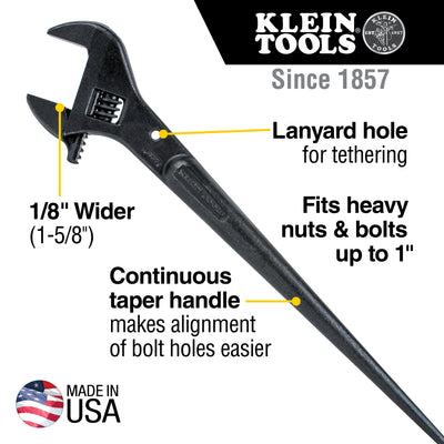 KLEIN 3239 - 16" Adjustable Construction Spud Wrench. Maximum Jaw Opening 1-1/2"